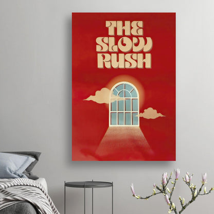 The Slow Rush poster featuring vintage typography, a red backdrop, and ethereal clouds, perfect for home decor.