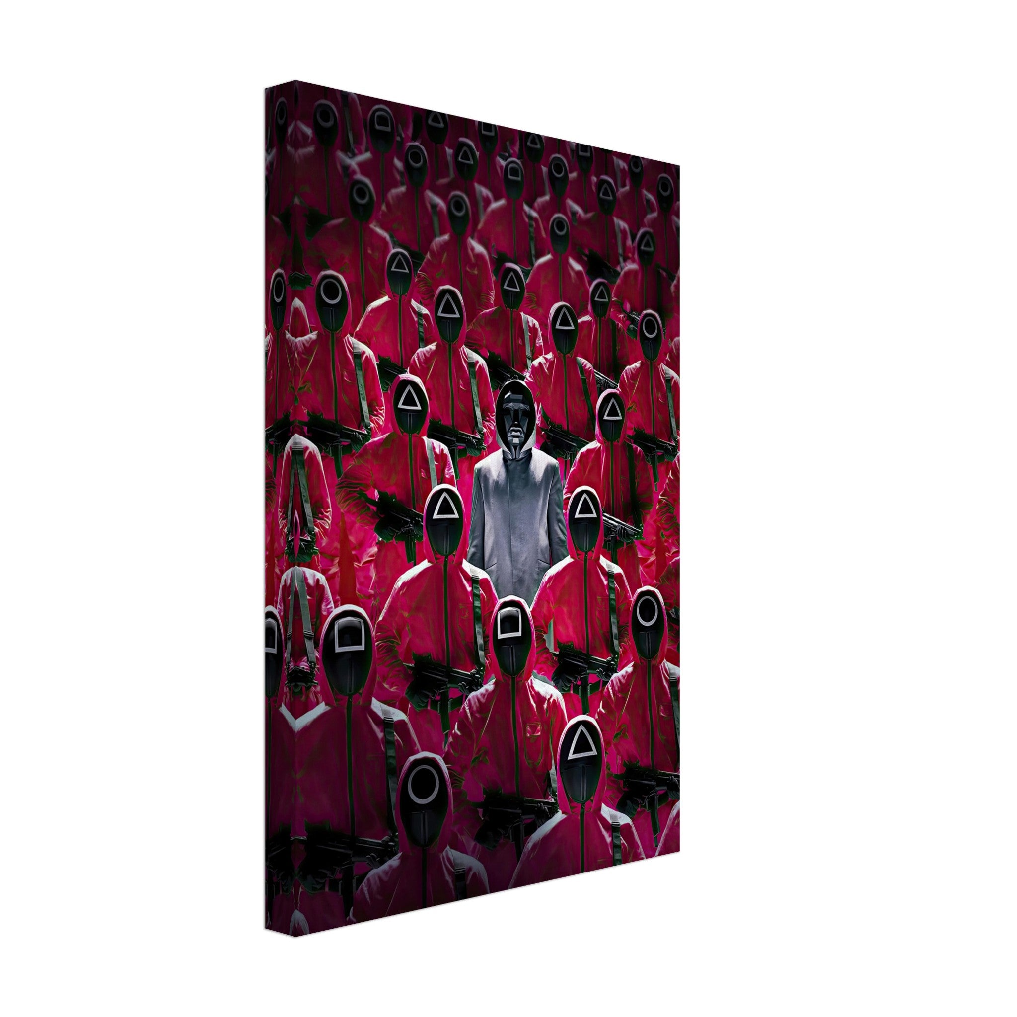 Squid Game Guards Canvas Print featuring iconic red guards and a central character in a striking, bold design.