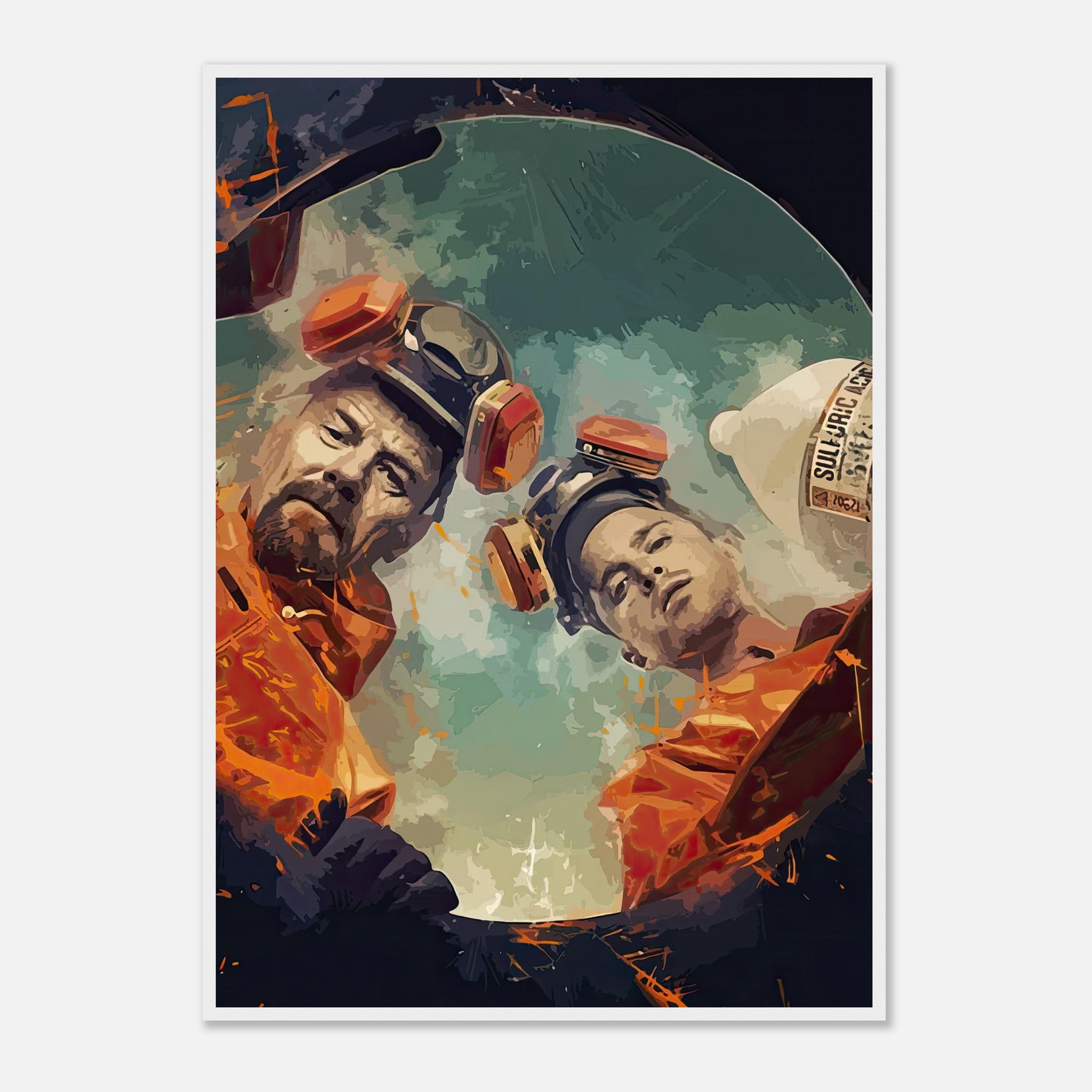 Framed print of Walter White and Jesse Pinkman in hazmat suits from Breaking Bad, featuring vibrant colors and dynamic artwork.