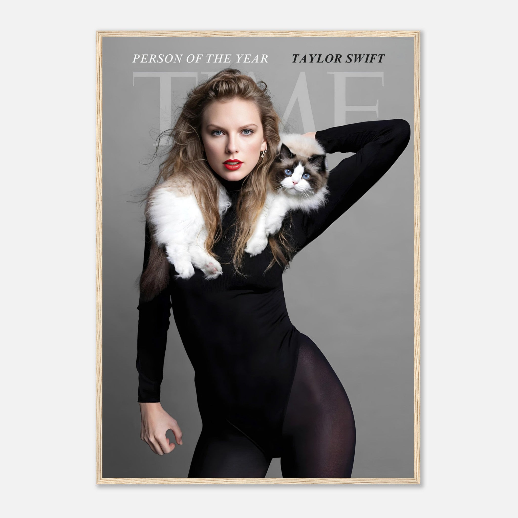 Taylor Swift Time Magazine framed print featuring her with a cat, "Person of the Year," elegant home decor.