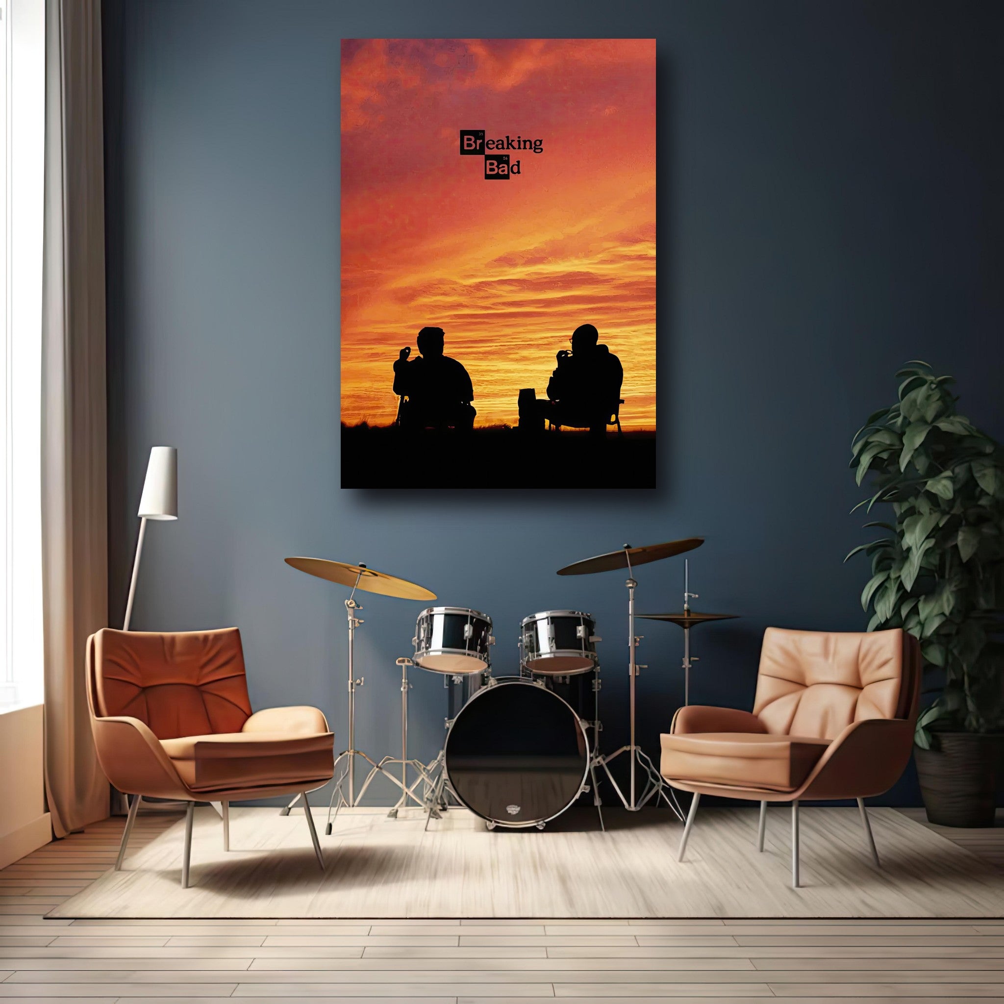 Breaking Bad metal print featuring iconic silhouette against a sunset, perfect for fans and stylish home decor.