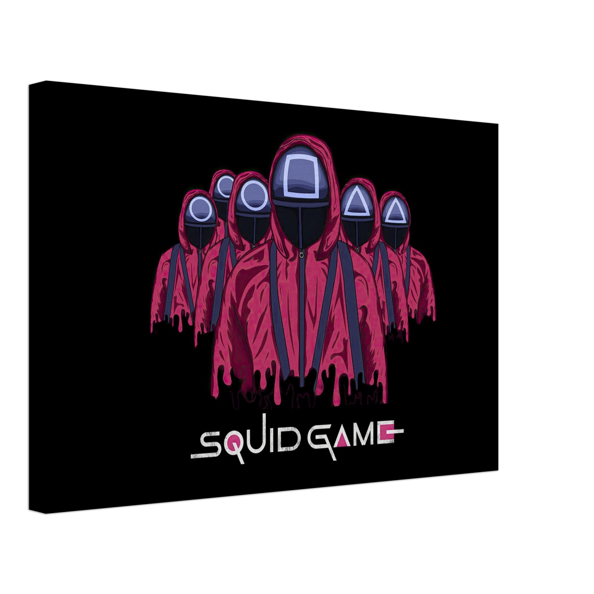 Squid Game Soldiers canvas featuring masked guards in red uniforms against a black background, vibrant and captivating artwork.