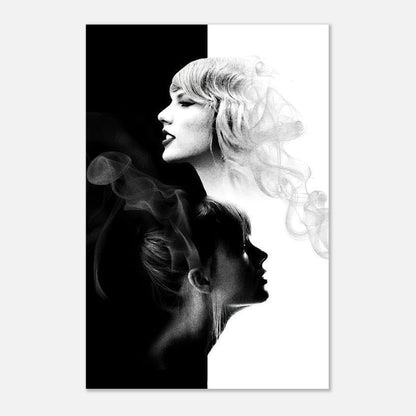 Taylor Swift black and white metal print featuring dual-tone design with elegant imagery and artistic smoke effects.