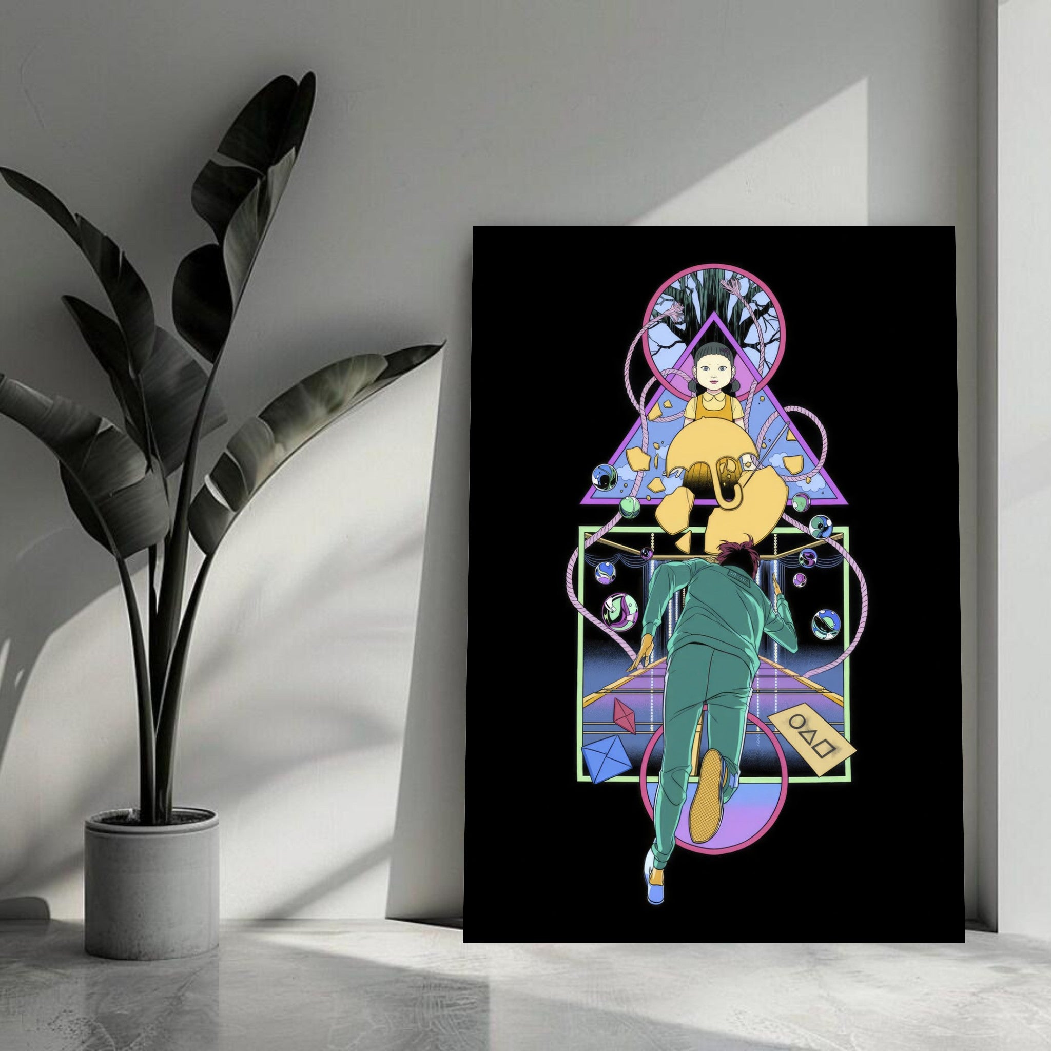 Doll Squid Game metal print featuring a vivid design with a minimalist black background in a modern setting.