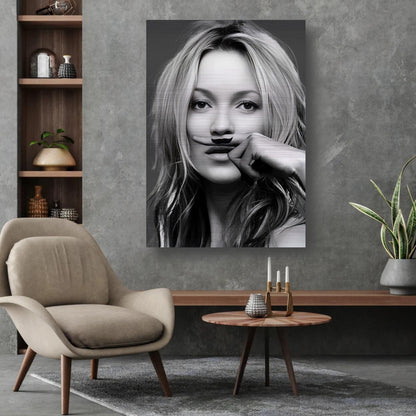 Kate Moss Mustache artwork in brushed metal displayed in modern living room decor with stylish furniture.