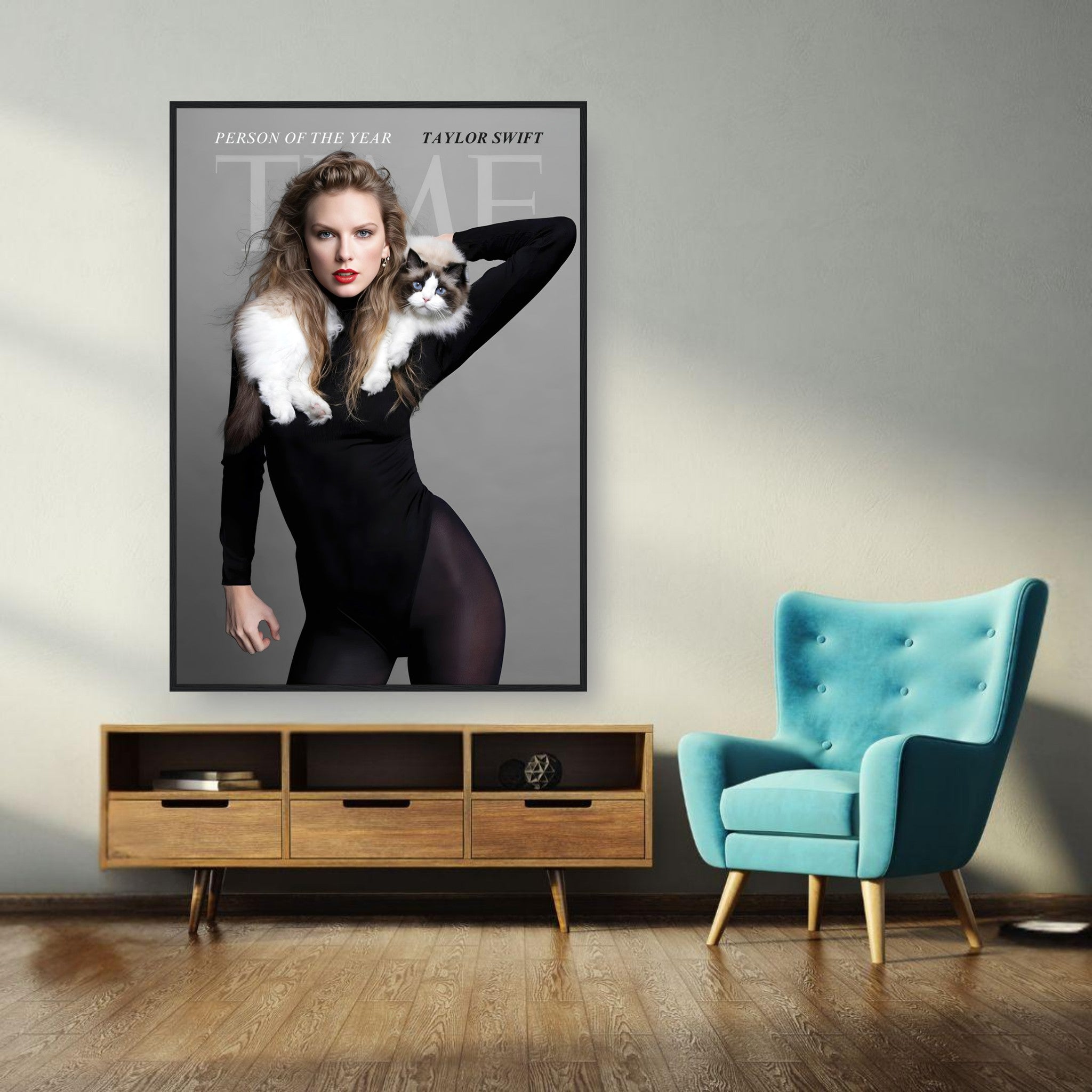 Taylor Swift Time Magazine framed print featuring her portrait with a cat in a stylish living room setting.