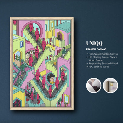 Squid Game stairs framed canvas print featuring vibrant colors, surreal design, and masked characters in an Escher-inspired style.