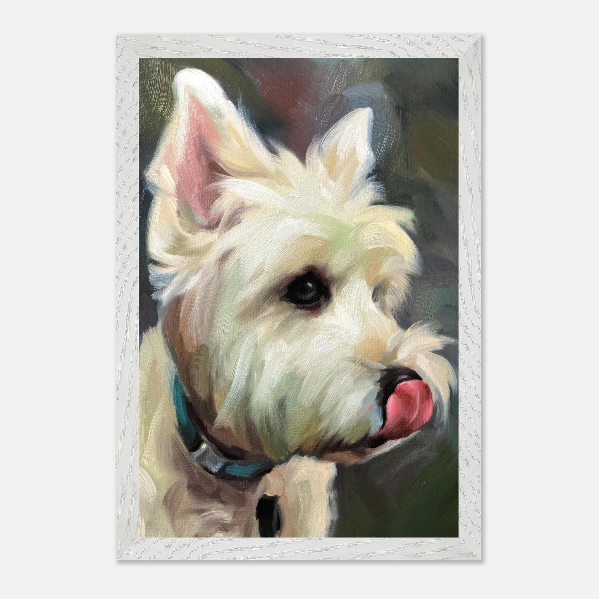 Westie dog painting showcasing a fluffy white coat and playful expression, capturing the breed's charm and personality.