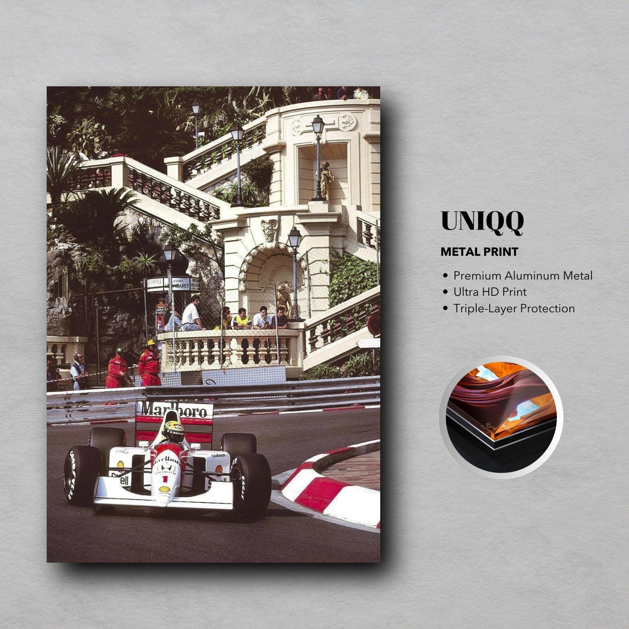 Ayrton Senna racing at Monaco captured in a high-definition metal print, showcasing vibrant colors and sleek aesthetics.