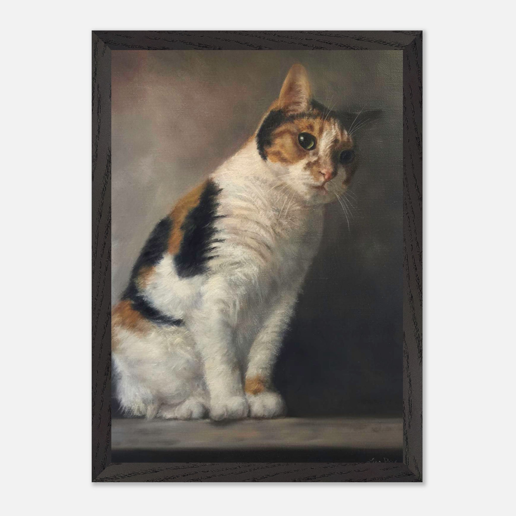 Realistic cat portrait painting in a vintage frame, showcasing lifelike details and elegance.