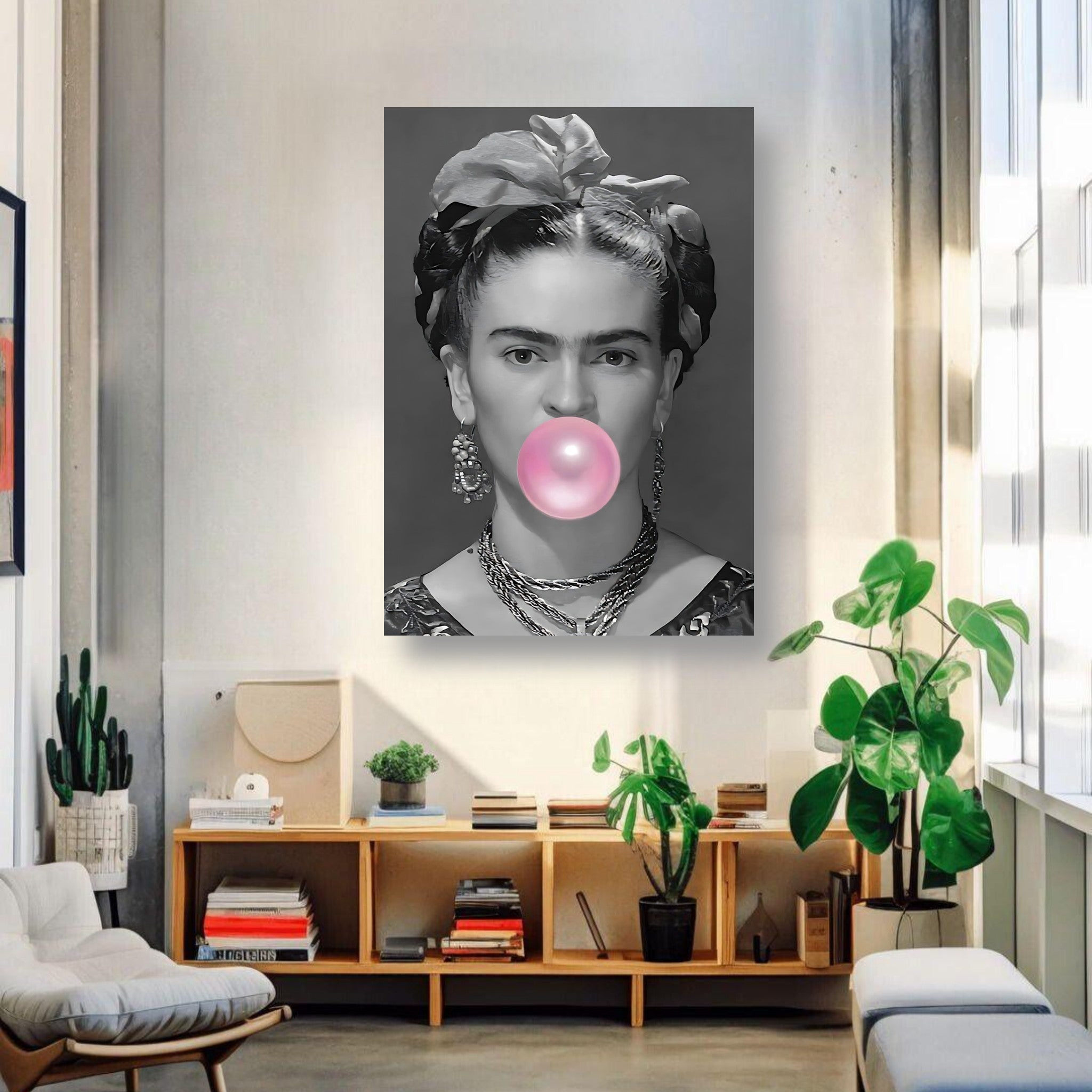 Frida Kahlo Bubble Gum Metal Print in a stylish living room setting, featuring vibrant pink bubble against black-and-white photography.