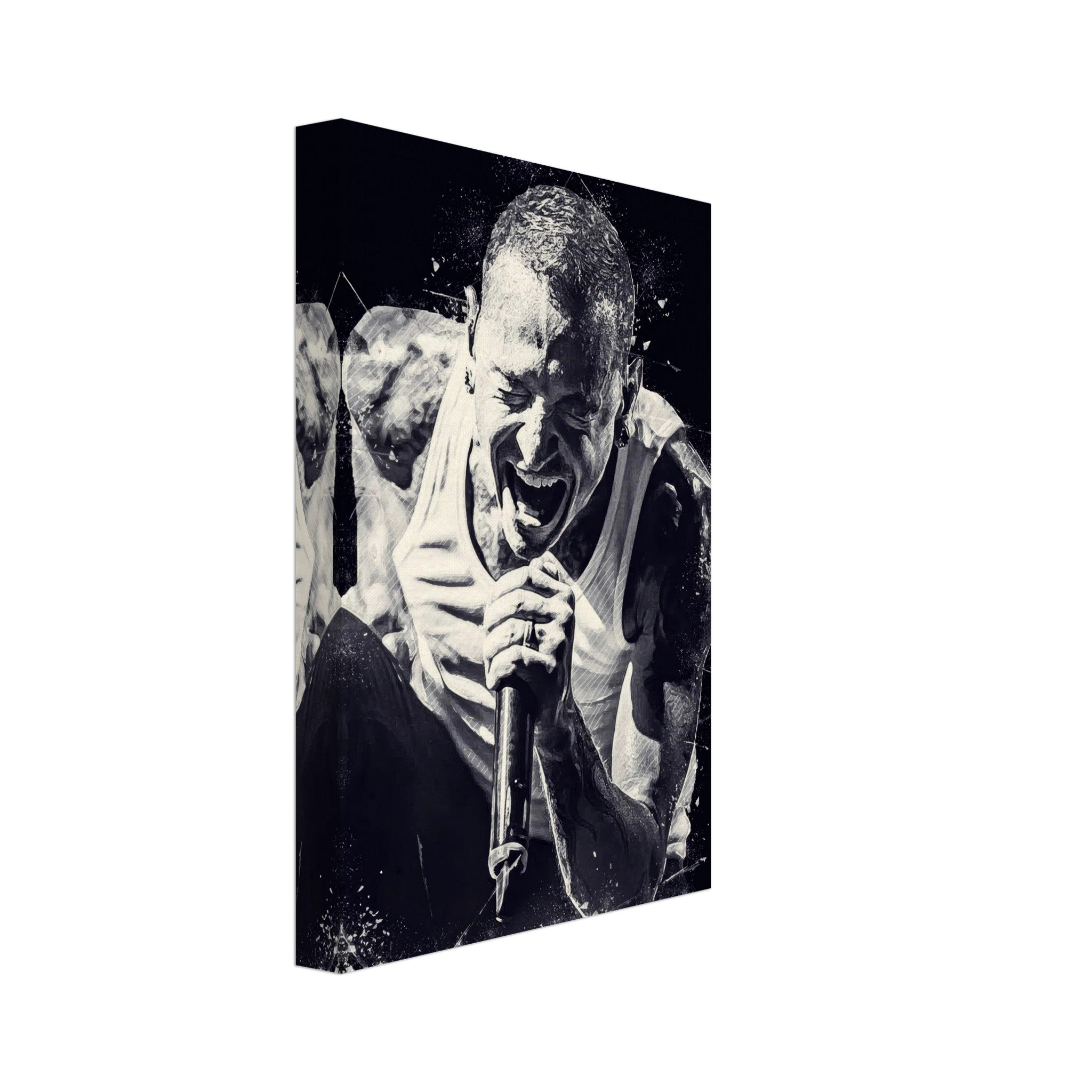 Chester Bennington canvas print showcasing the iconic vocalist of Linkin Park in a dynamic black-and-white design.