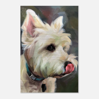 Brushed metal print of a West Highland White Terrier, featuring vibrant colors and lifelike brushstrokes.