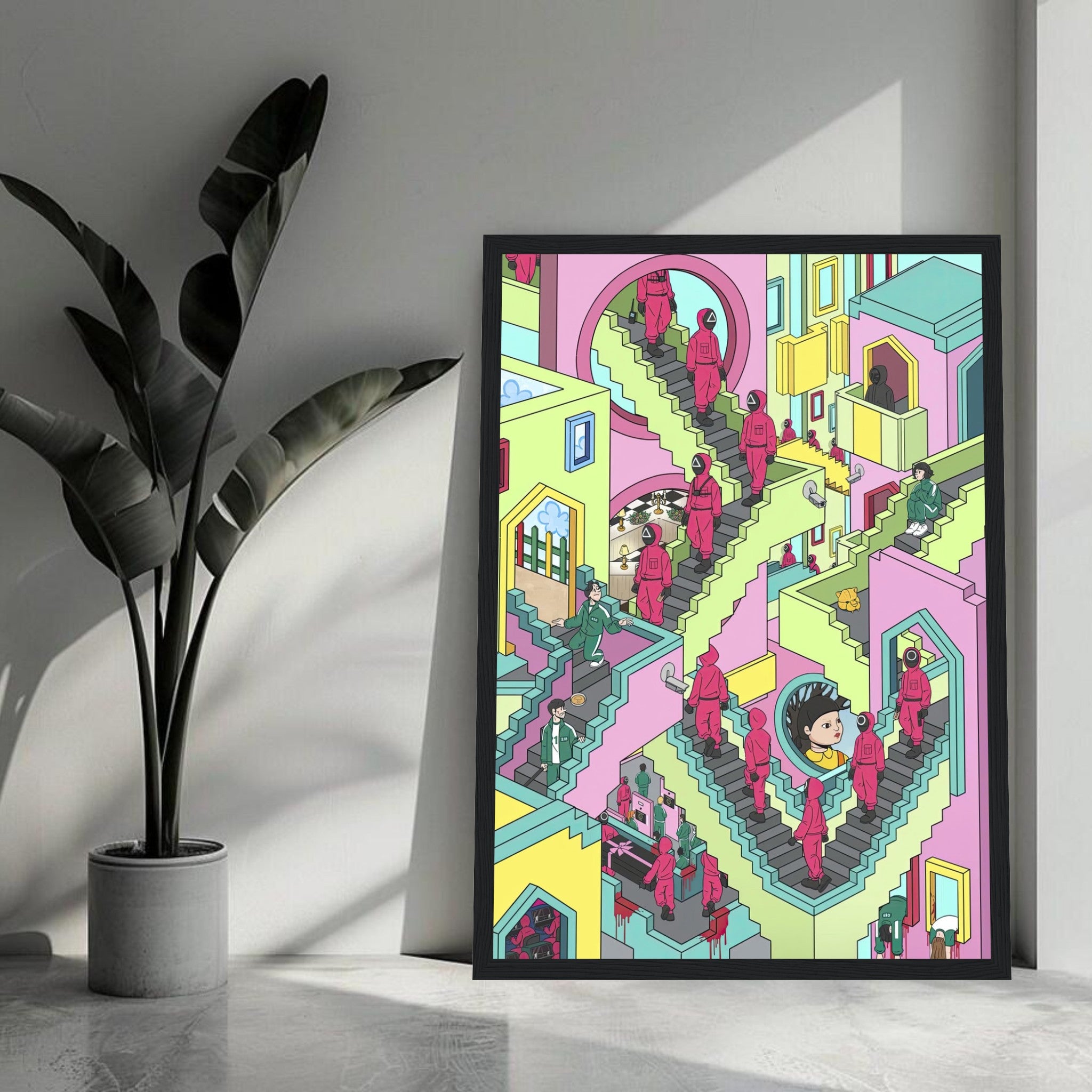 Squid Game Stairs framed print showcasing vibrant pastel colors and surreal Escher-inspired architecture in a modern living space.