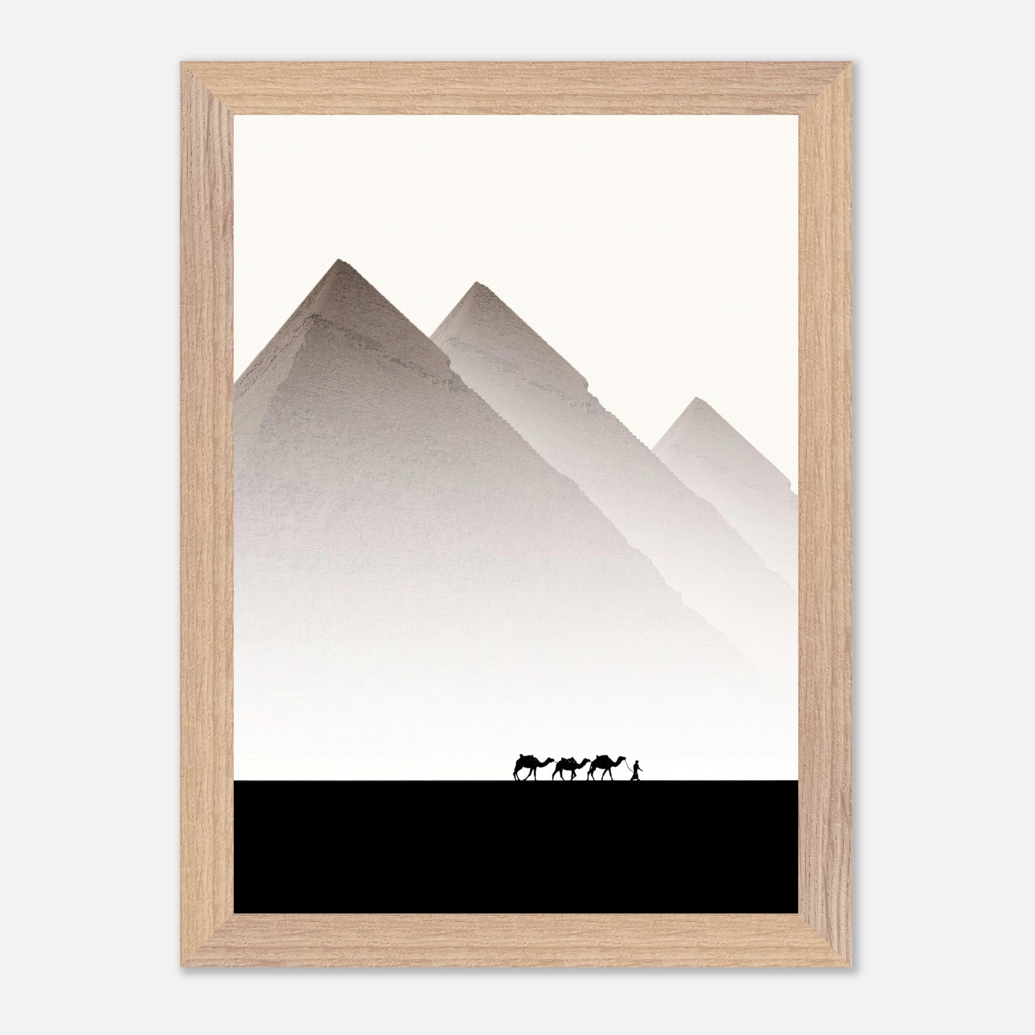 Framed travel photography of the Pyramids of Giza with camels and guide against a muted sky.