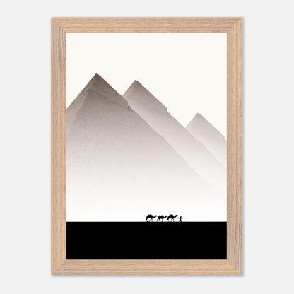 Framed travel photography of the Pyramids of Giza with camels and guide against a muted sky.