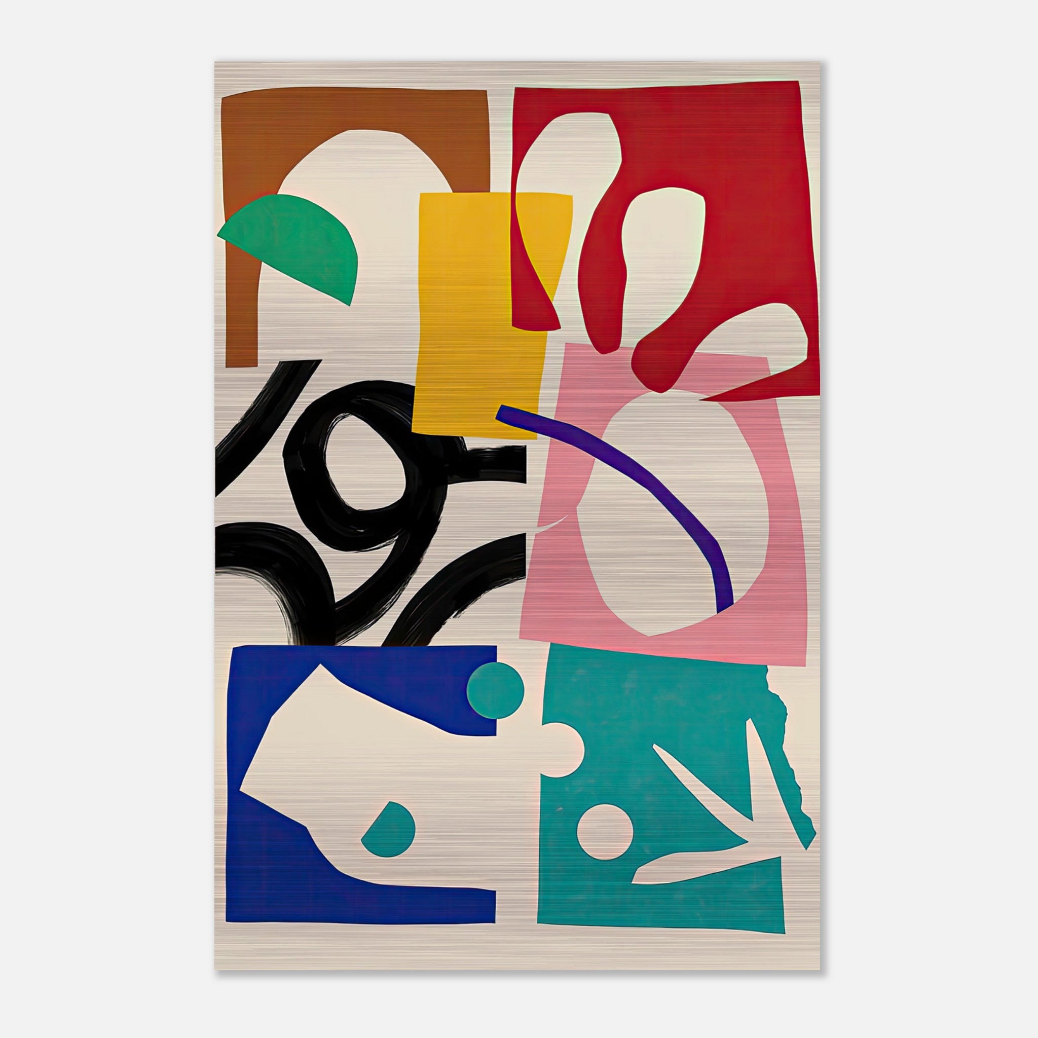 Abstract Harmony Brushed Metal artwork featuring bold geometric shapes and organic forms in vibrant colors.