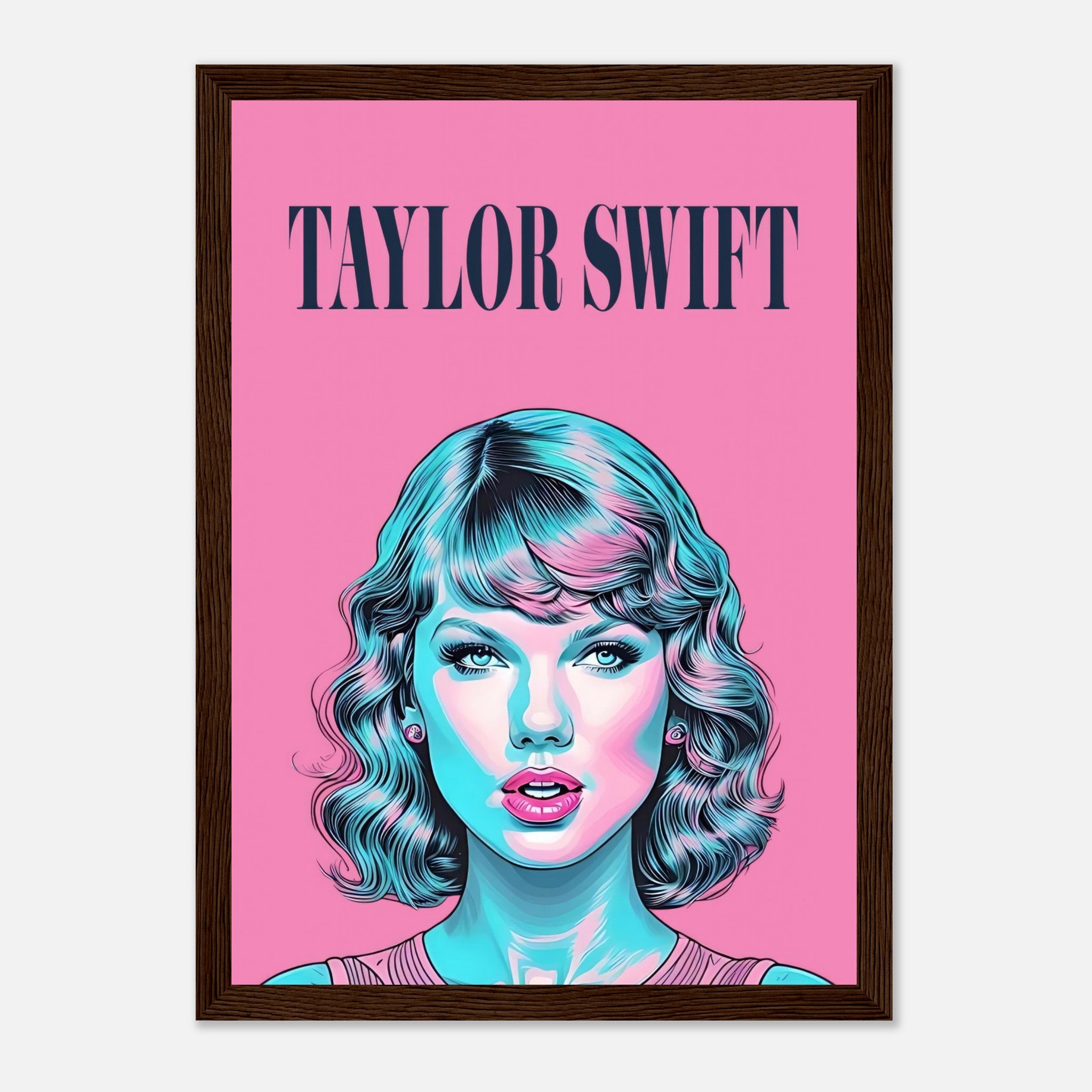 Taylor Swift pop art framed poster with vibrant pink background and turquoise highlights, perfect for fans and art lovers.