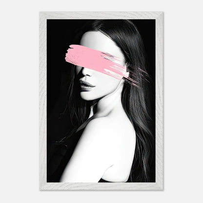 Vintage framed print of a woman with a pink brushstroke across her eyes, blending modern minimalism and elegance.