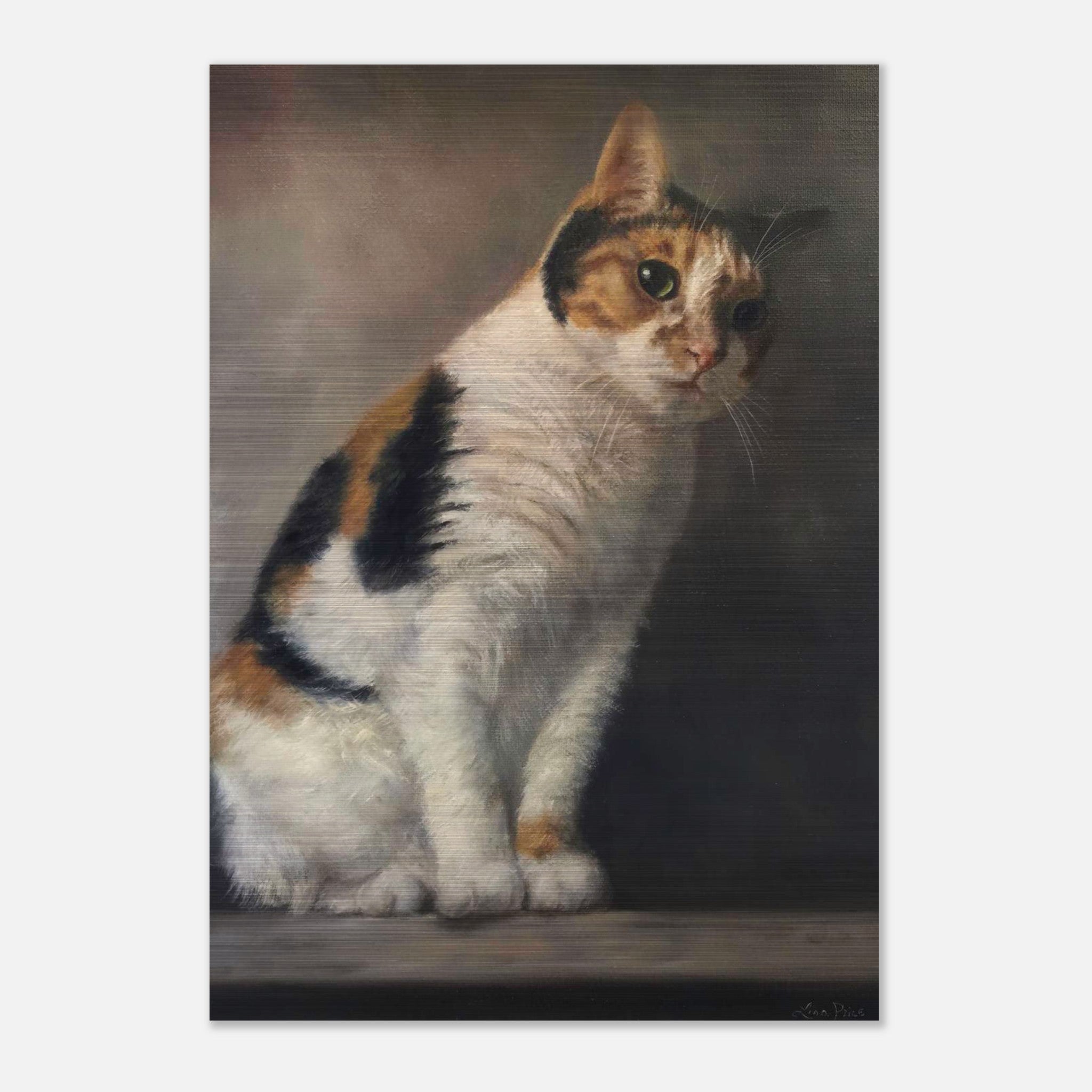 Realistic cat portrait painting on brushed metal with intricate details and soulful expression.
