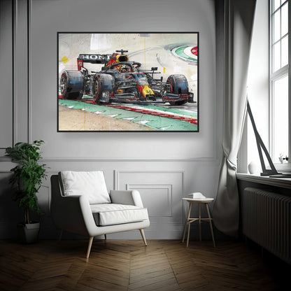 Max Verstappen framed print featuring his Red Bull Racing car on track, enhancing your home decor with vibrant racing art.