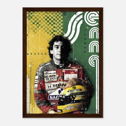 Ayrton Senna F1 framed print featuring vibrant Brazilian colors, iconic racing suit, and helmet, perfect for motorsport enthusiasts.