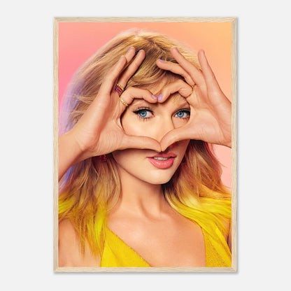 Taylor Swift framed print showcasing her in vibrant colors making a heart shape with her hands, capturing her charm and charisma.