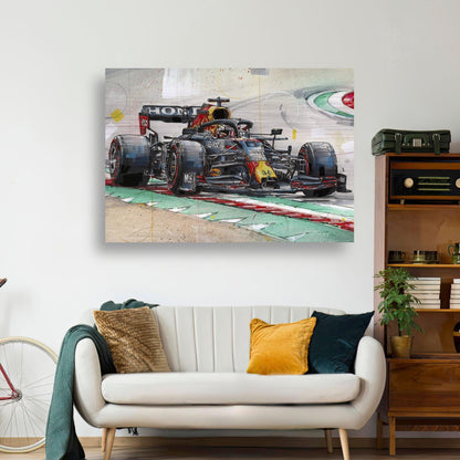 Max Verstappen brushed metal artwork featuring a dynamic Formula 1 racing scene on a wall above a stylish sofa.