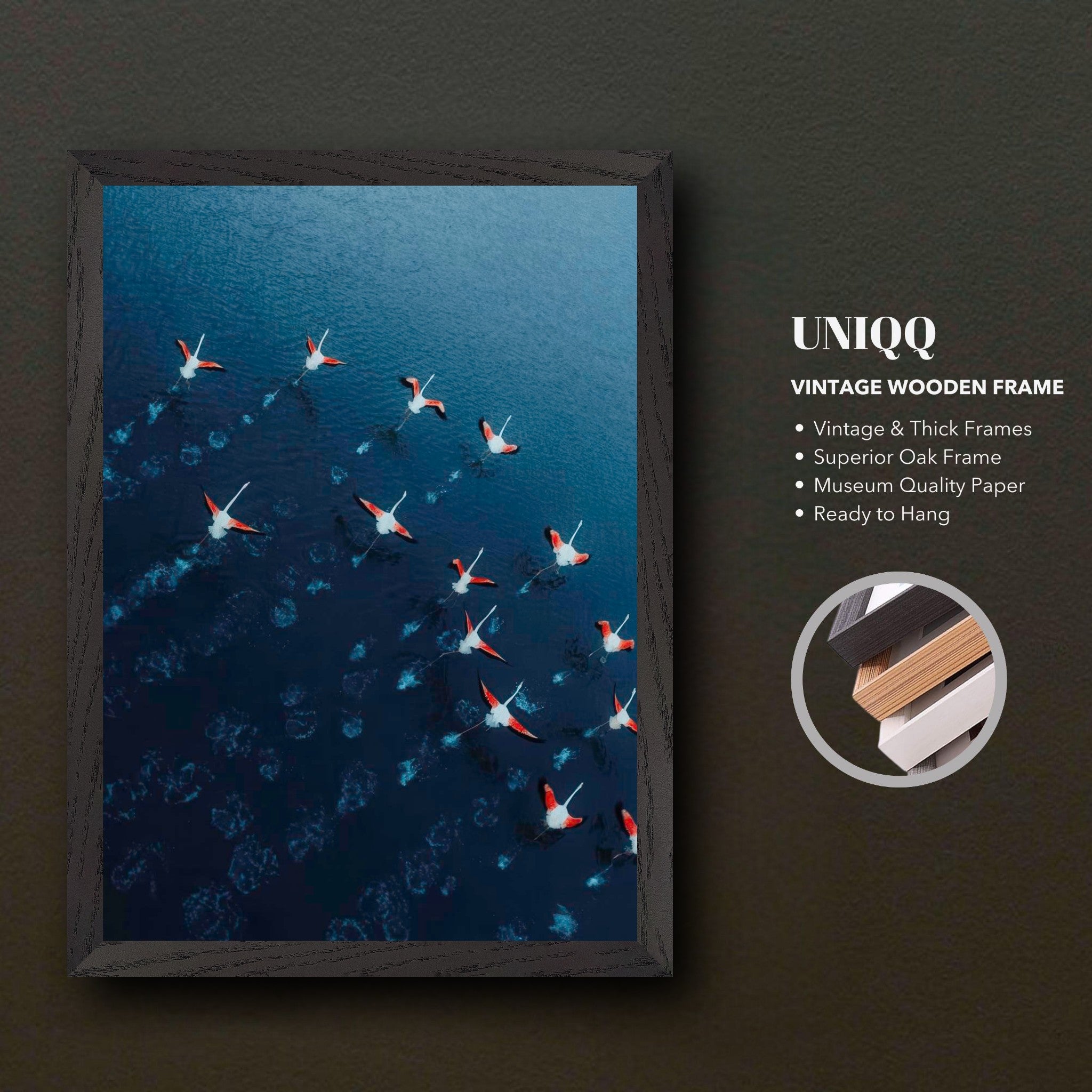 Flamingos drone photography print in vintage oak frame, aerial view over blue waters, ready to hang artwork