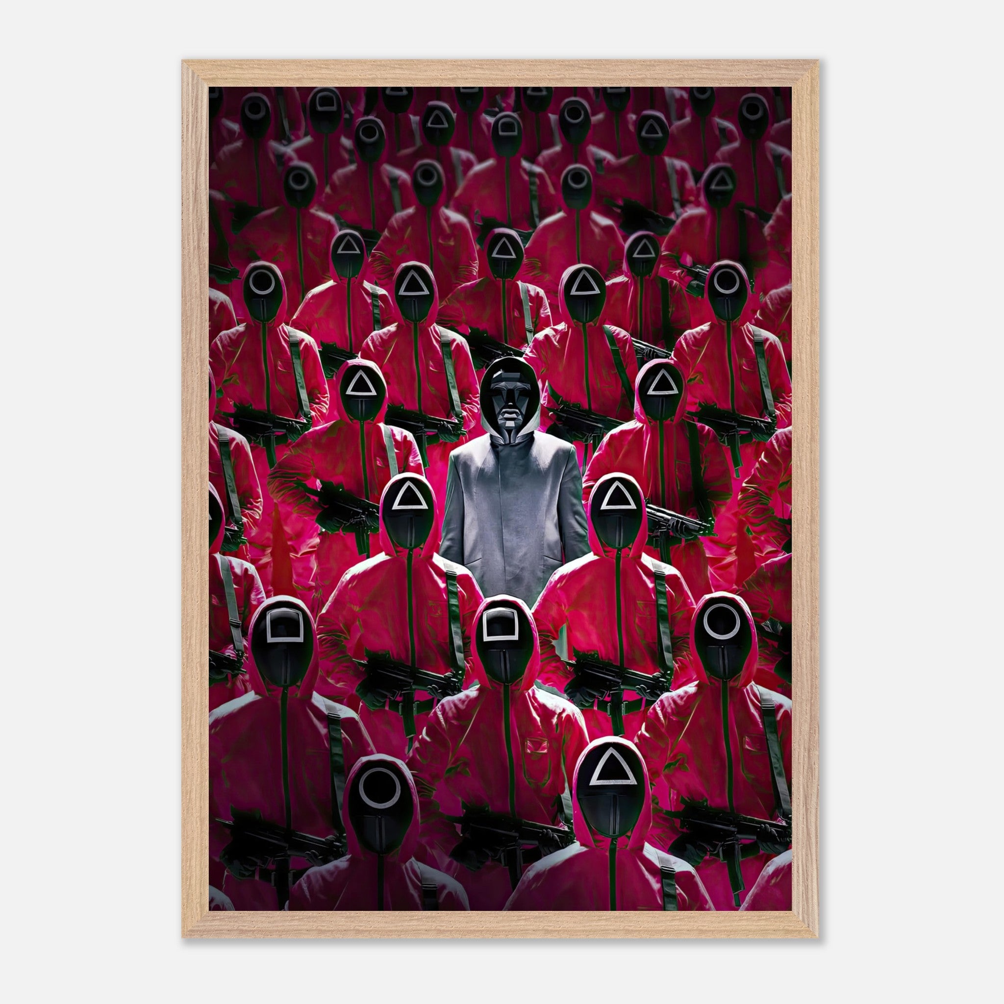 Squid Game Guards fine art print featuring pink-uniformed guards and the Front Man, showcasing vibrant detail and intensity.