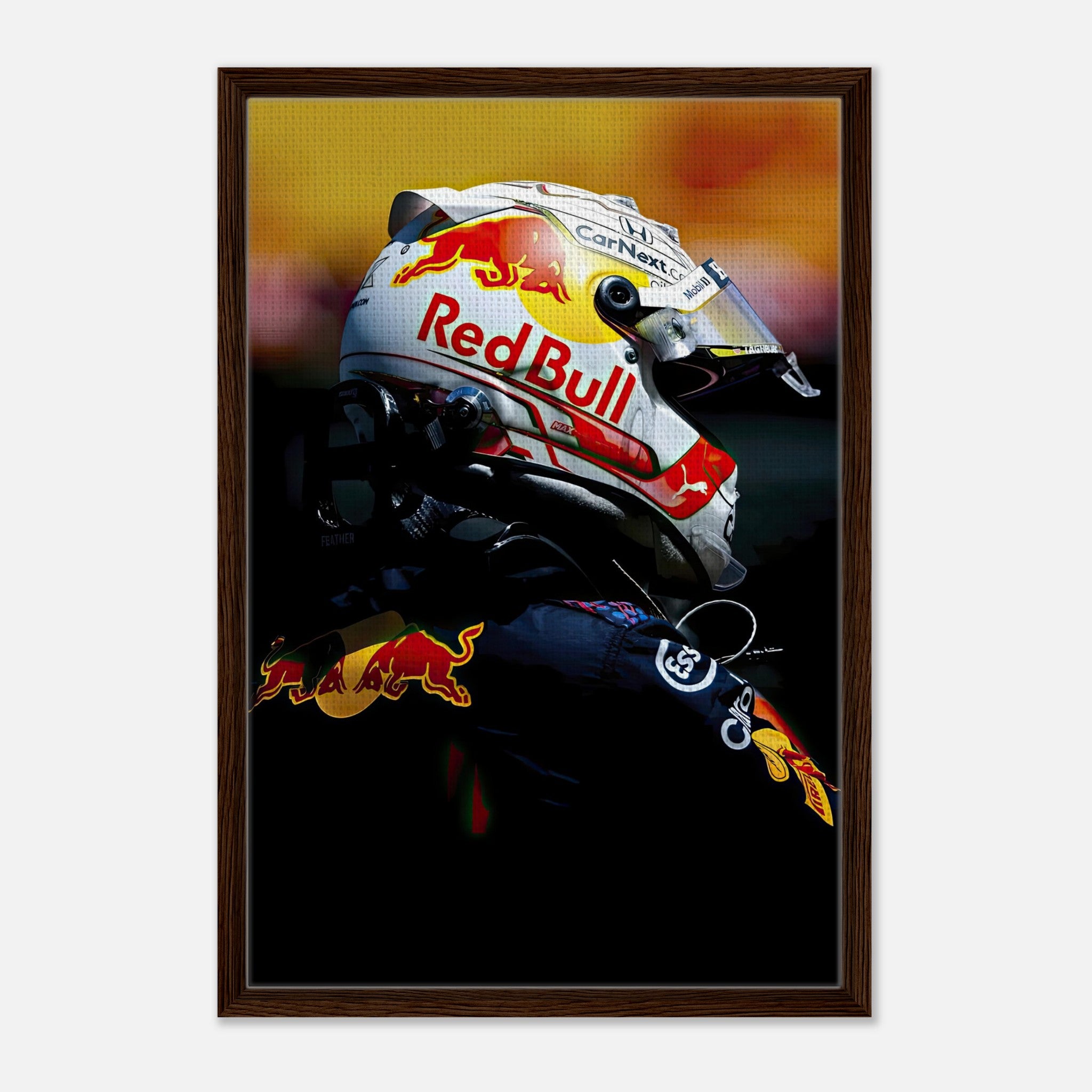 Framed canvas print of Max Verstappen in Red Bull racing helmet, showcasing vibrant details and premium framing.