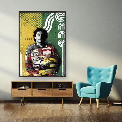 Vintage framed print of Ayrton Senna, celebrating the F1 legend with bold colors and retro design in a stylish room.