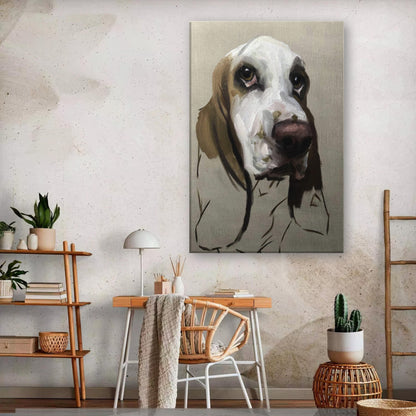 Basset Hound Dog painting on canvas print, showcasing soulful expression and droopy ears in a modern interior space.