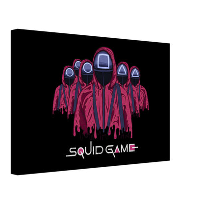 Squid Game Soldiers canvas featuring iconic masked guards in red uniforms on a black background. Perfect for fans of the series.