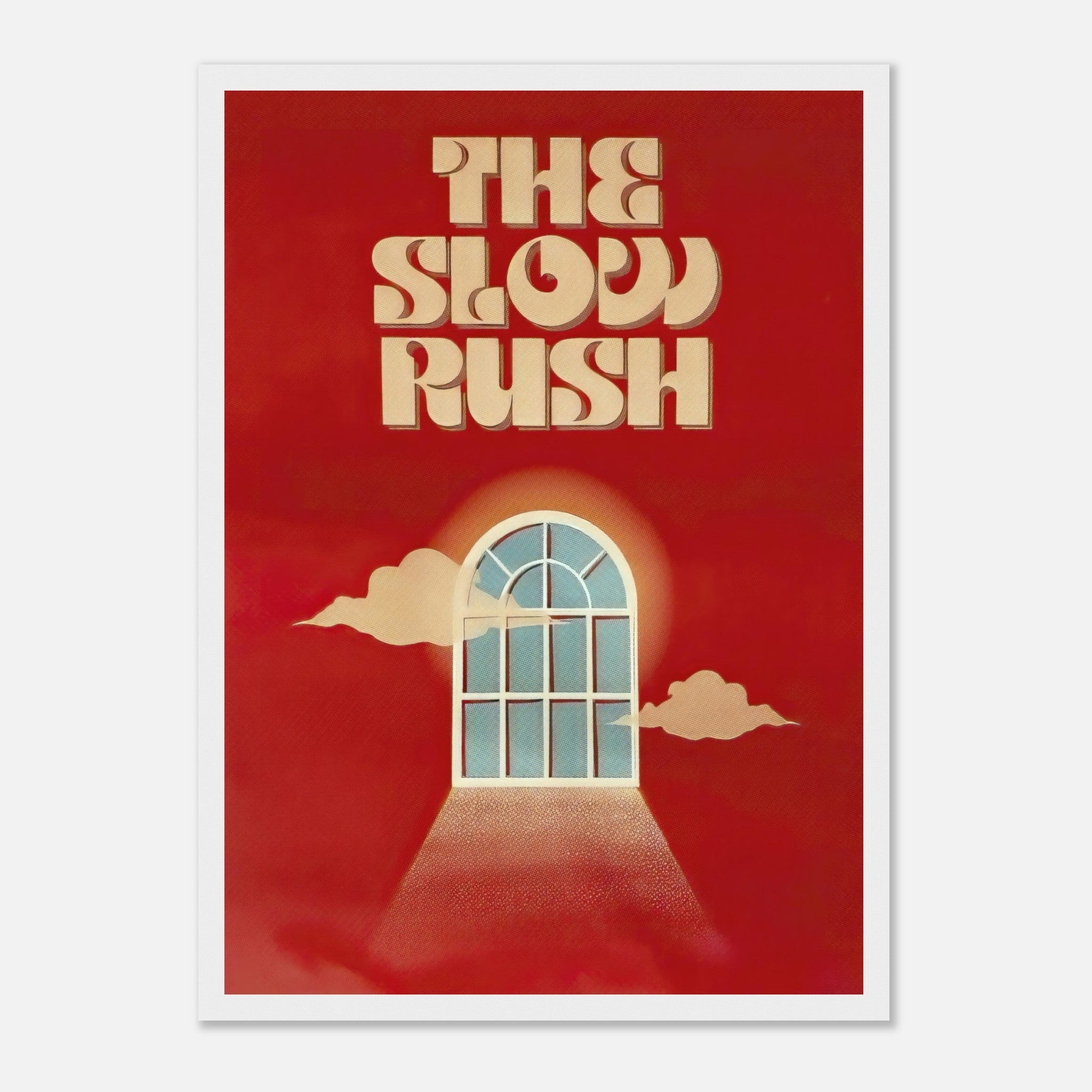 Framed print of "The Slow Rush" featuring retro typography and a dreamy window design on a vibrant red background.