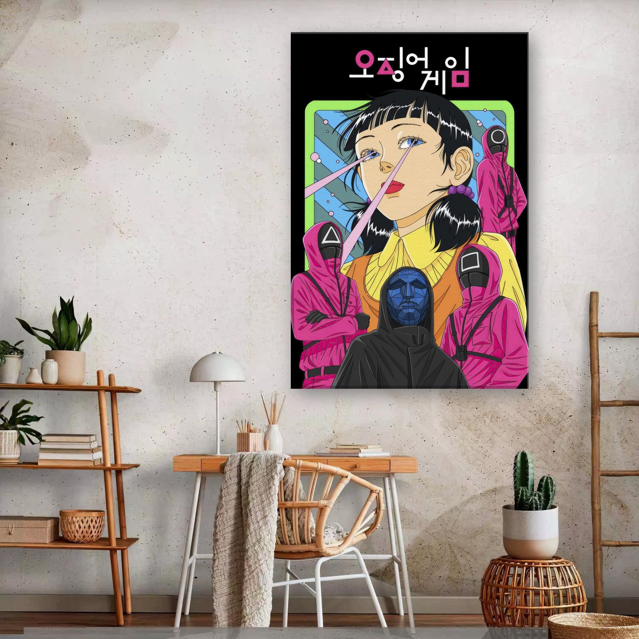 Vibrant Squid Game Netflix canvas artwork featuring iconic characters in a stylish interior setting. Perfect for fans.