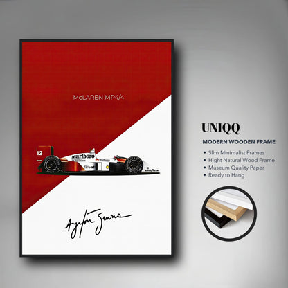 Ayrton Senna McLaren MP4/4 framed print with a red and white design featuring Senna's signature.