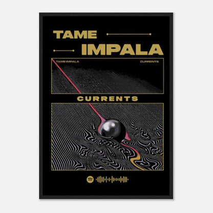 Tame Impala Currents framed poster featuring vibrant psychedelic artwork and bold typography, perfect for music lovers.