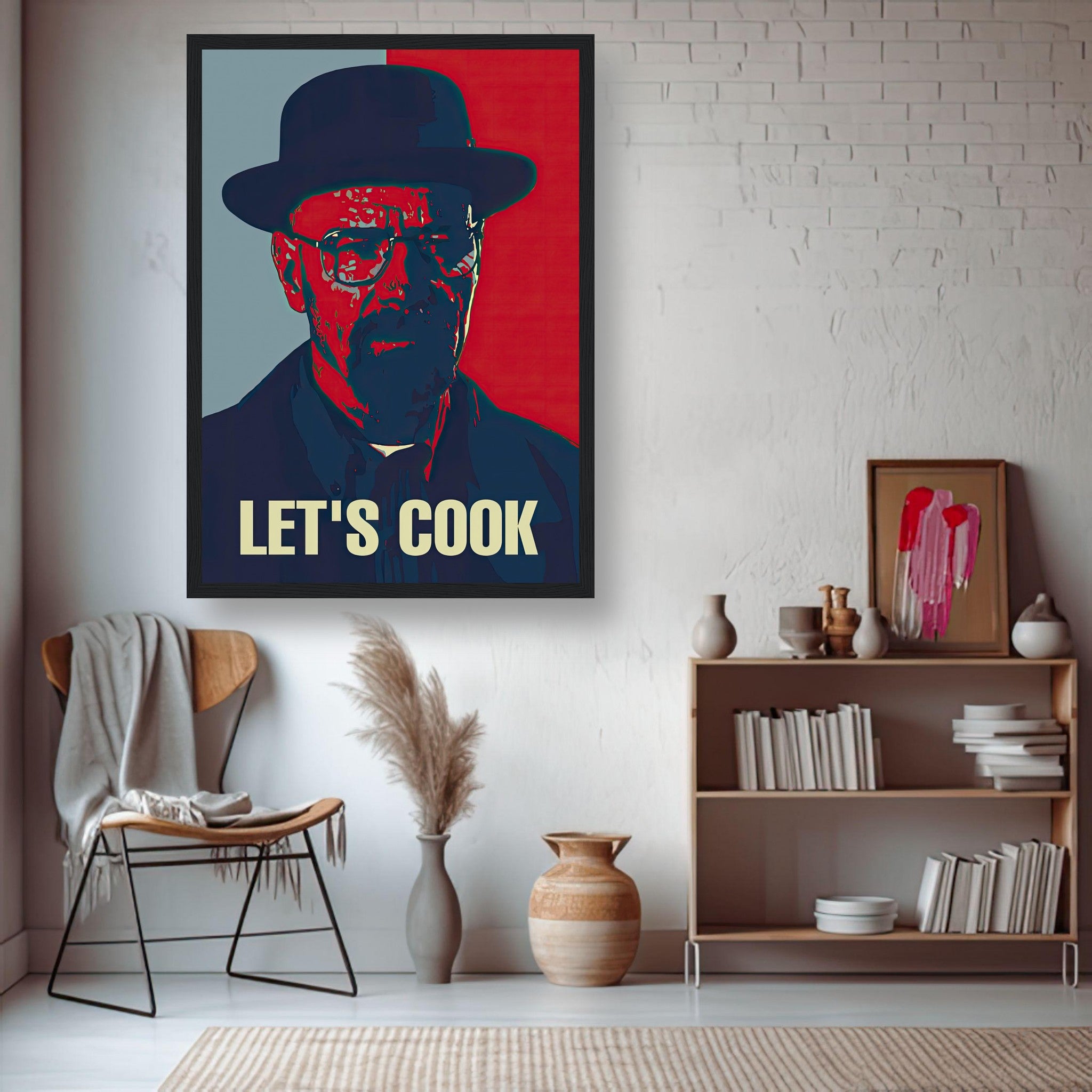 Heisenberg Let's Cook framed print featuring bold pop art style in red and blue, perfect for modern home decor.