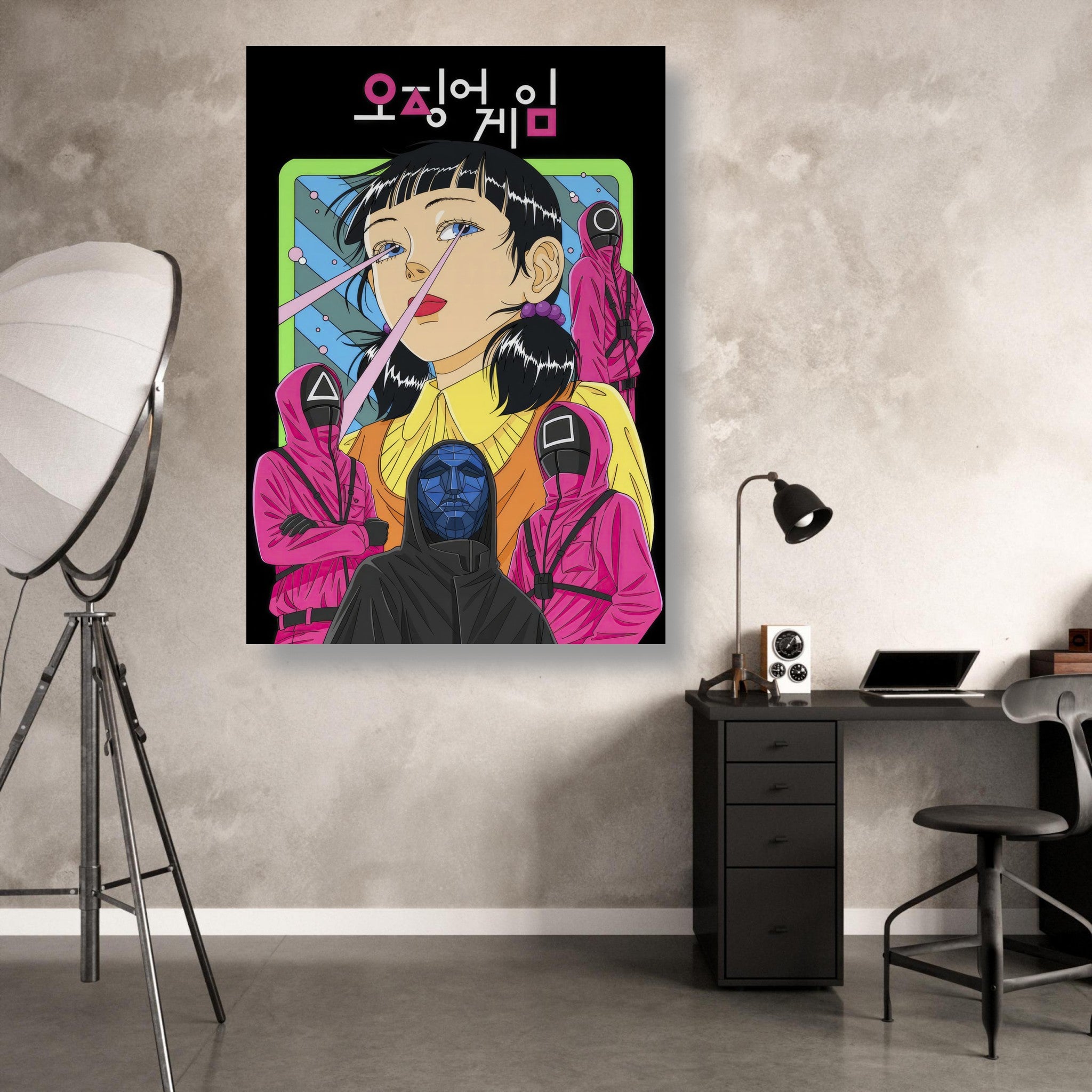 Squid Game Netflix metal print featuring vibrant artwork of iconic characters in a modern room setting.