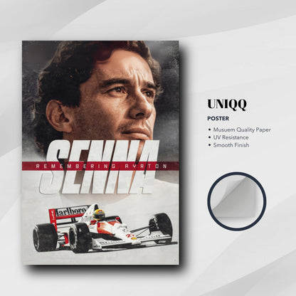 Ayrton Senna poster featuring his iconic image and racing car, celebrating his legacy in Formula 1 motorsport.