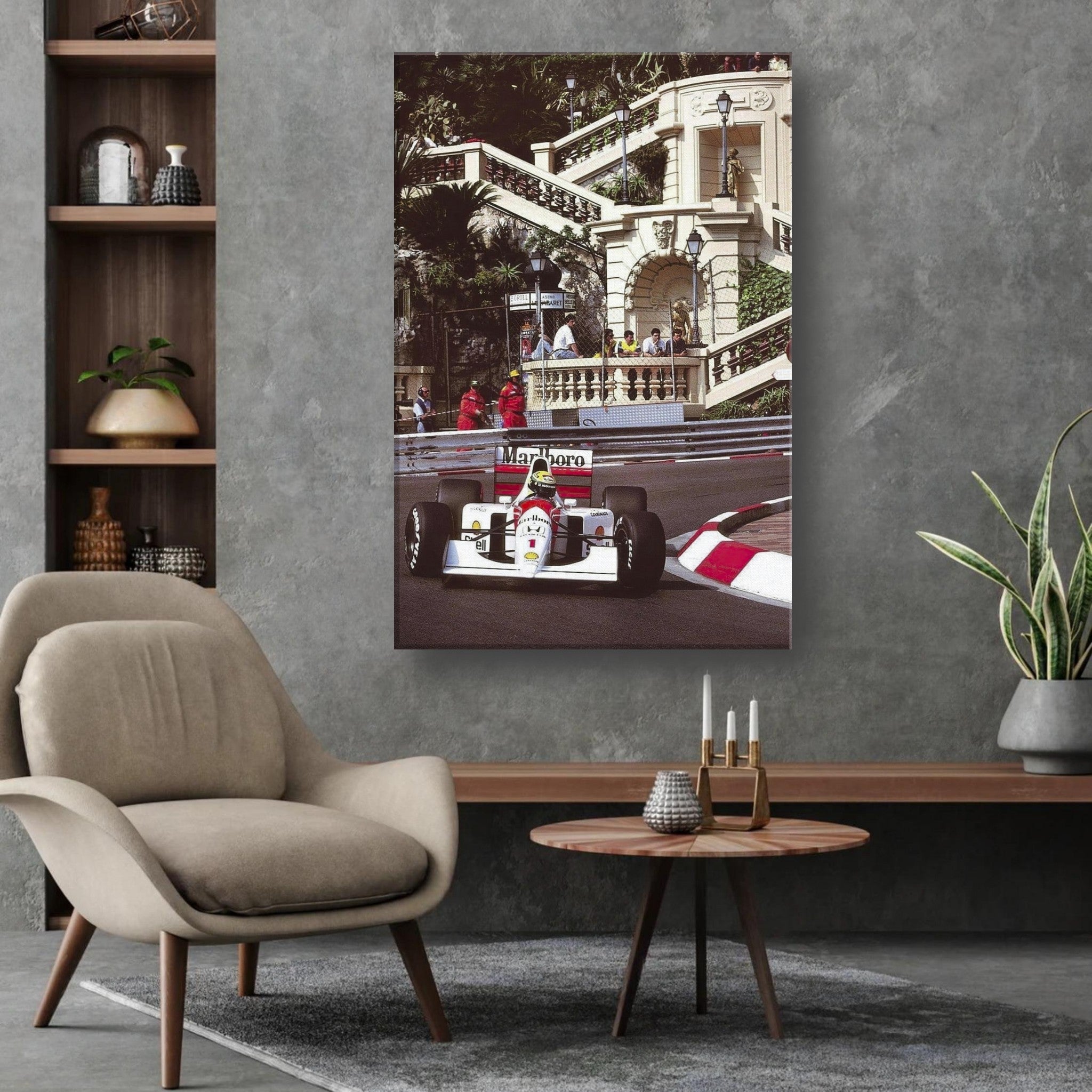 Ayrton Senna racing in Monaco, vibrant canvas print showcasing motorsport history and elegance in stylish home decor.