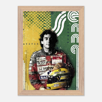 Vintage framed print of Ayrton Senna, showcasing his F1 legacy in bold Brazilian colors and retro design.