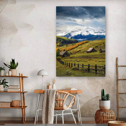 Stunning Telluride Colorado metal print showcasing snow-capped mountains and rustic barns in a serene landscape.