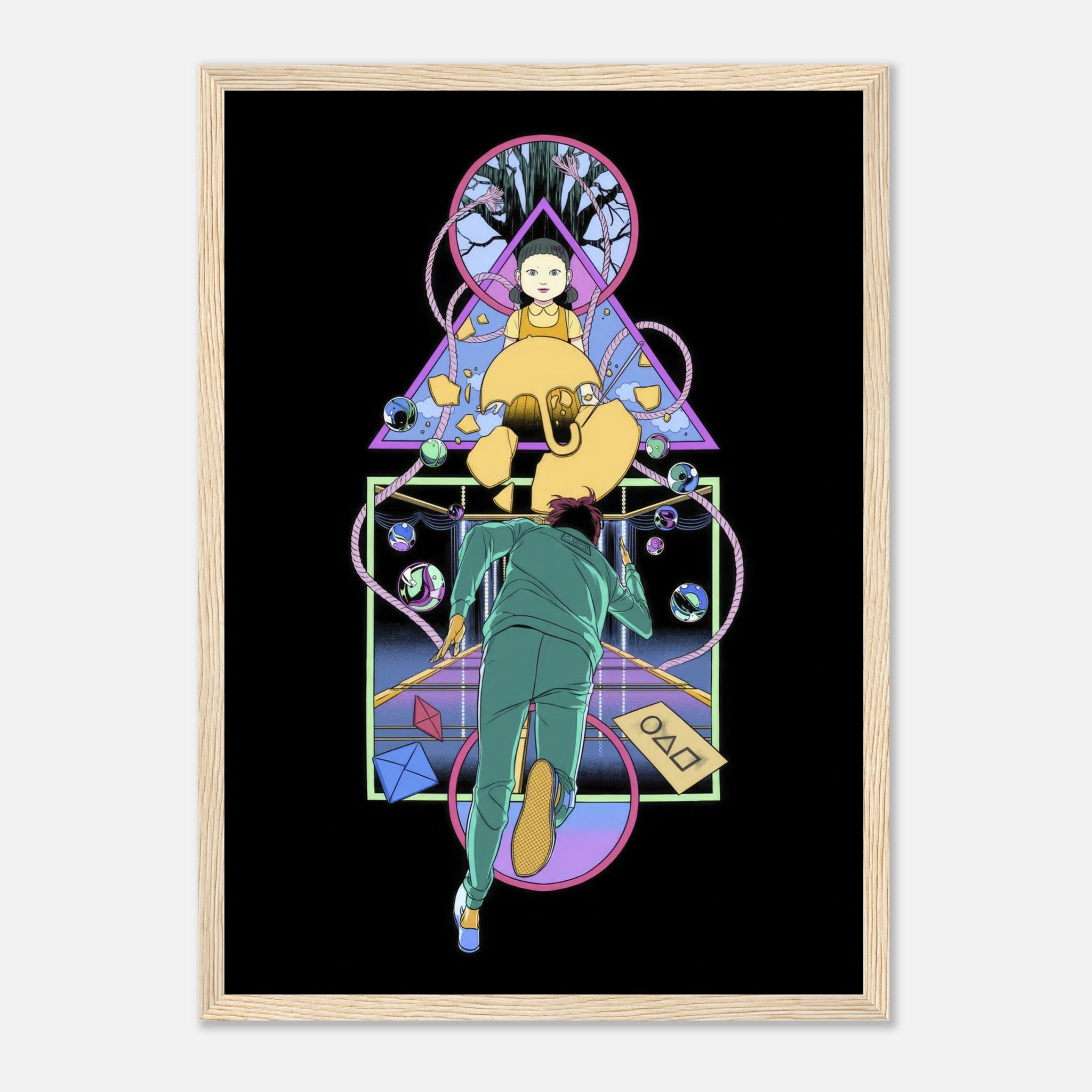 Framed print of Doll from Squid Game with player, showcasing vibrant colors and intricate details in a dramatic design.