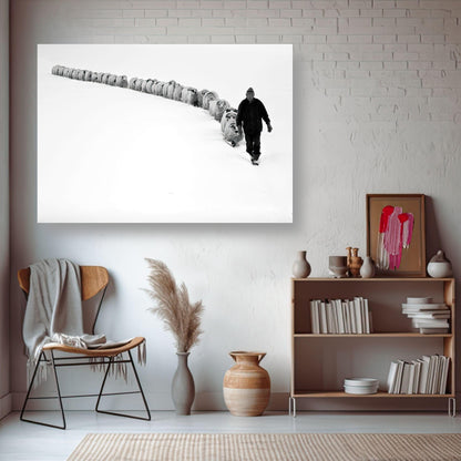 The Shepherd’s Trail Metal Print featuring a shepherd and flock in a snowy landscape, capturing unity and resilience.