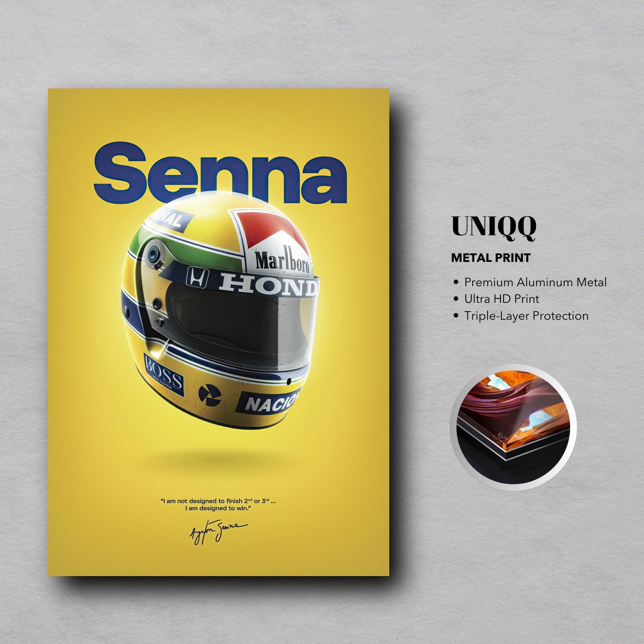 Ayrton Senna Helmet Metal Poster featuring vibrant colors and high-definition print on premium aluminum metal.