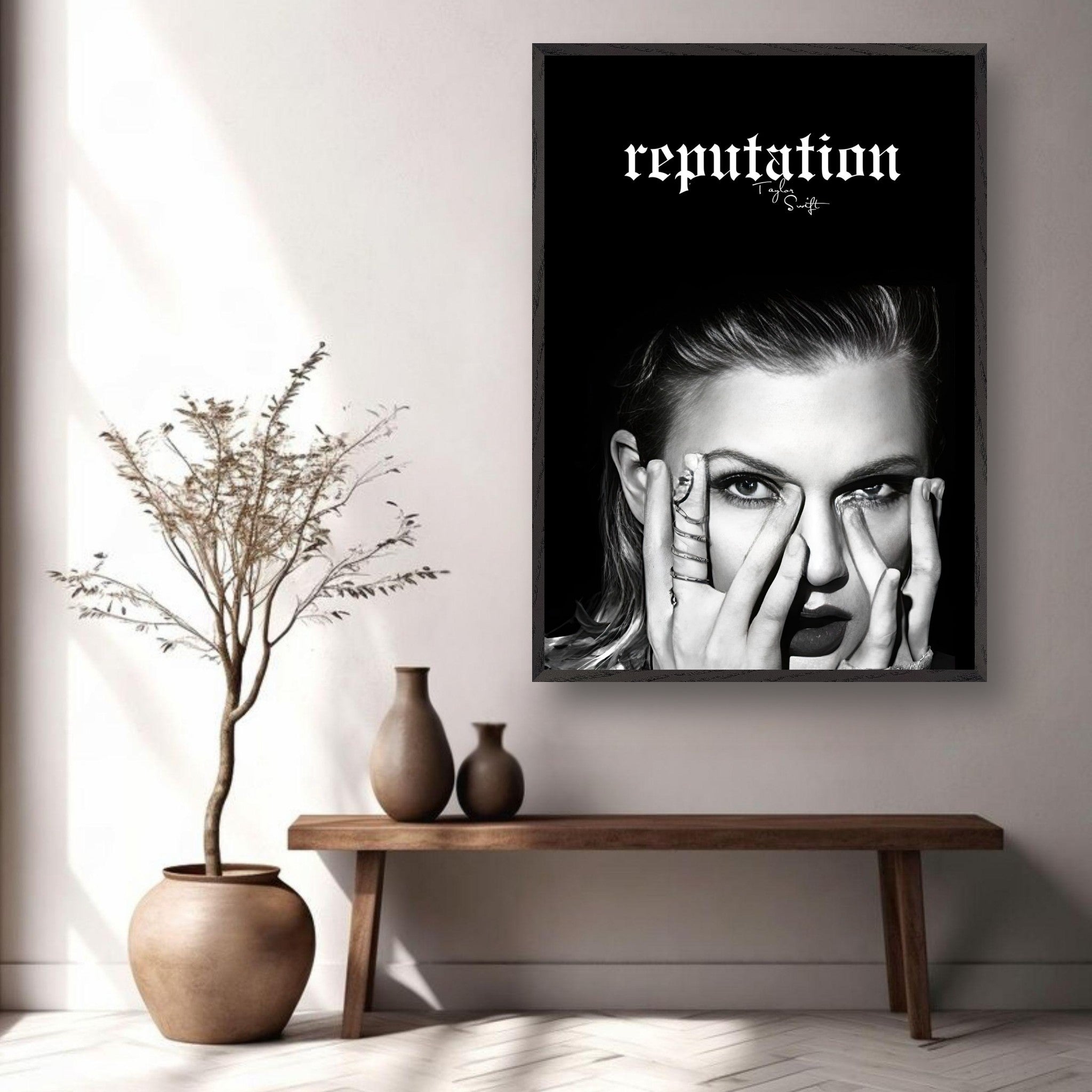 Taylor Swift Reputation vintage framed print displayed in a stylish interior, featuring a monochrome portrait and bold logo.