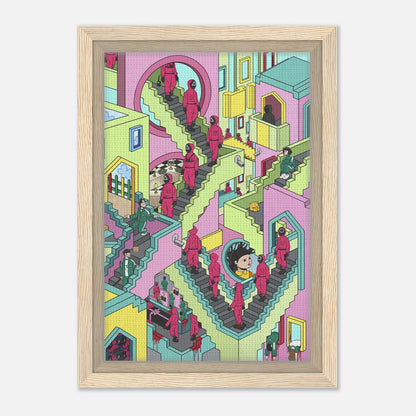 Squid Game Stairs Framed Canvas Print featuring intricate staircases, vibrant colors, and characters navigating the maze-like design.