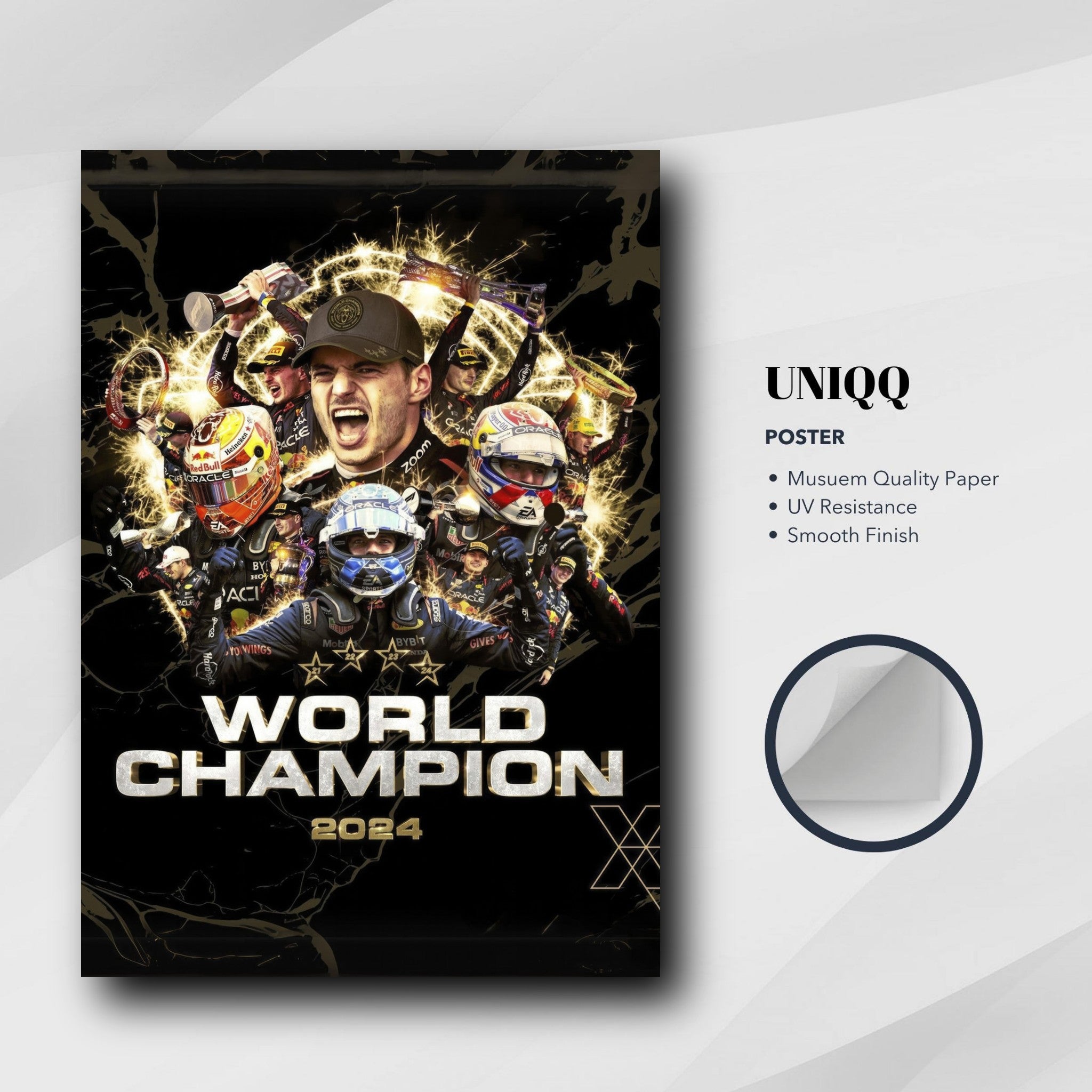 Max Verstappen 2024 World Champion poster, vibrant design on premium paper, perfect for Formula 1 fans.